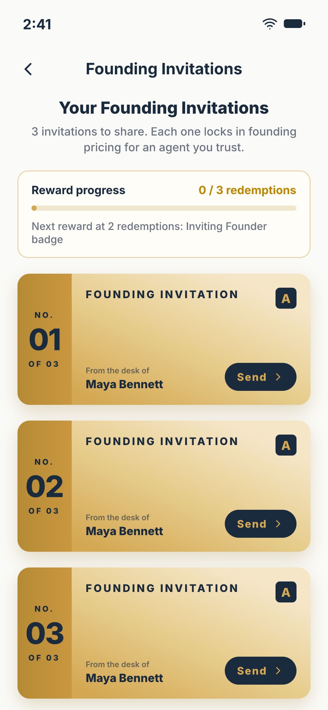 Founding invitations in the Agentora app